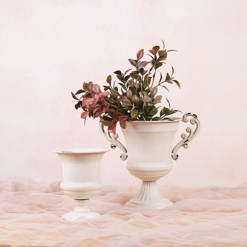 White Antique Vase Old Goblet Flower Ware Flower Weng Retro Nostalgic Iron European Table Flowers Arrangement Container With Ear