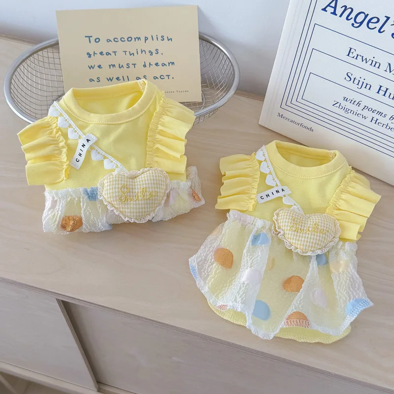 

Pet Dot Dress Yellow Heart-shaped Little Fly Sleeve Dress Cat and Dog Four Season Vest Puppy Clothes Dog Dresses for Small Dogs