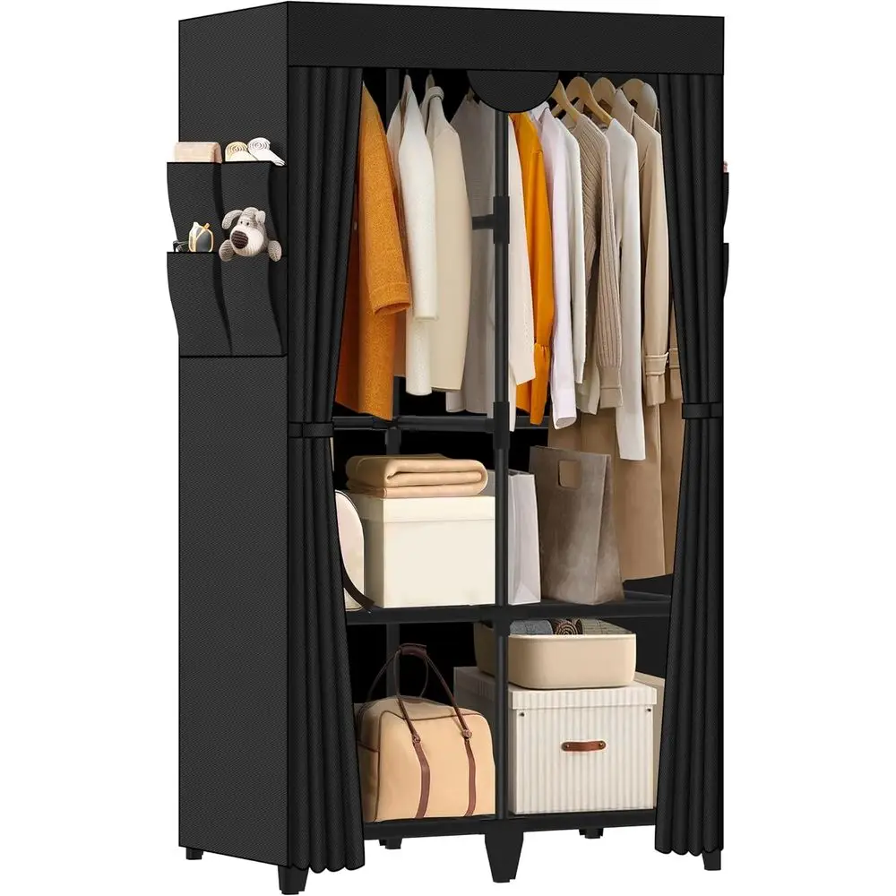 

Wardrobe Closet, Quick and Easy Assembly, Black Portable Closet with 2 Hanging Rods 4 Storage Shelves and 8 Side kets, Sturdy an