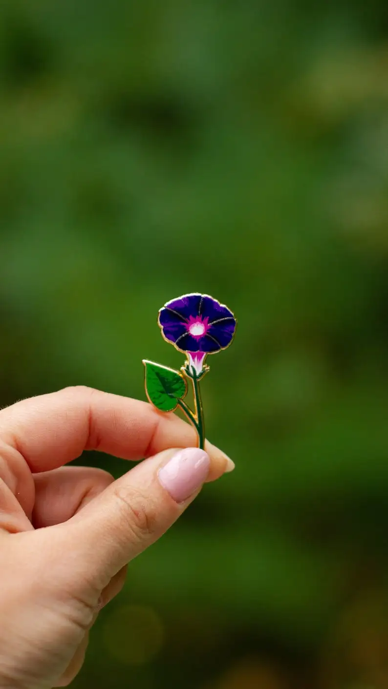 Morning Glory Floral Enamel Pin, September Birth Month Purple Flower Accessory,