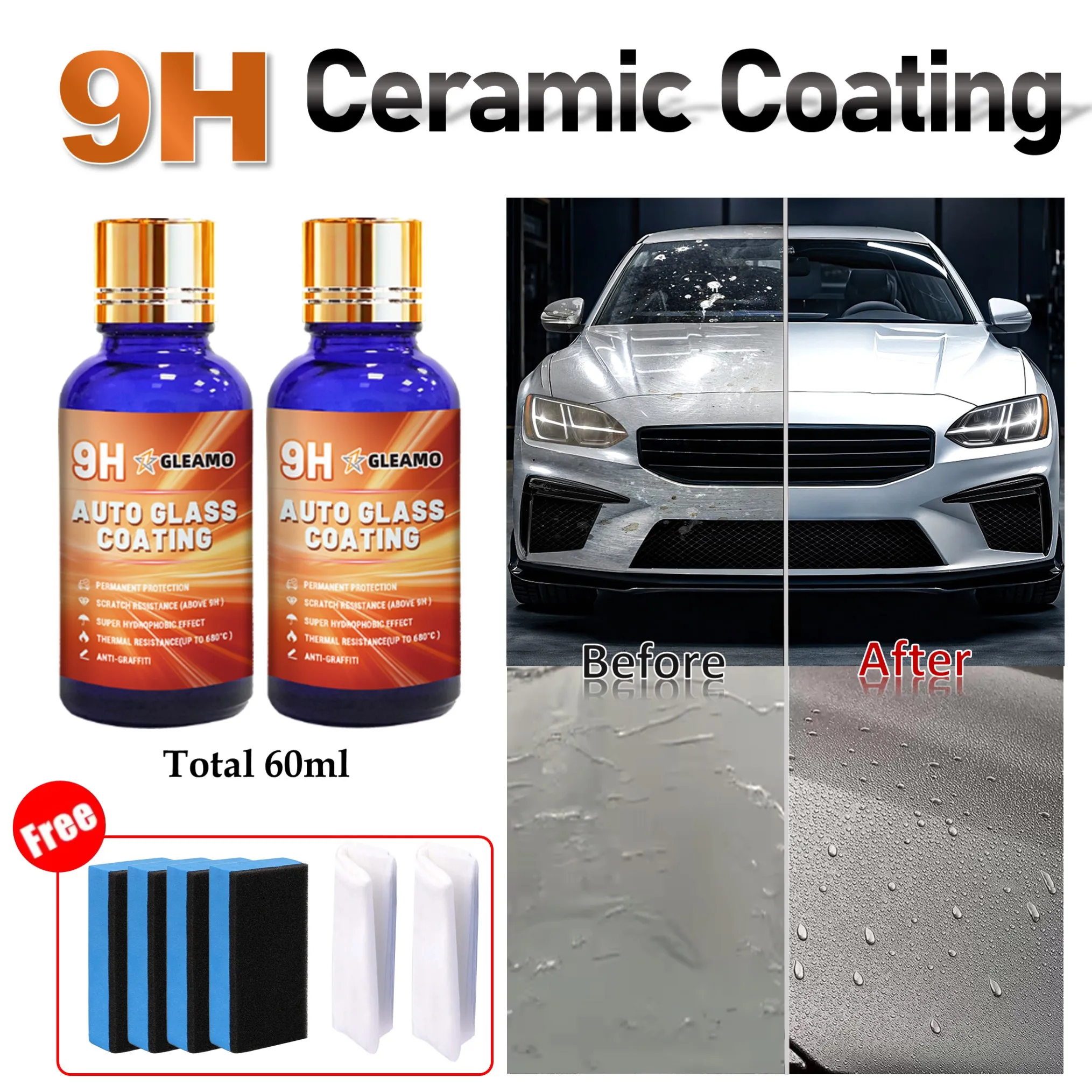 

Керамическое автомобильное покрытие 9H GLEAMO, алмазное керамическое покрытие, гидрофобное покрытие с защитой от царапин, длительный срок службы, предотвращает появление царапин и пятен