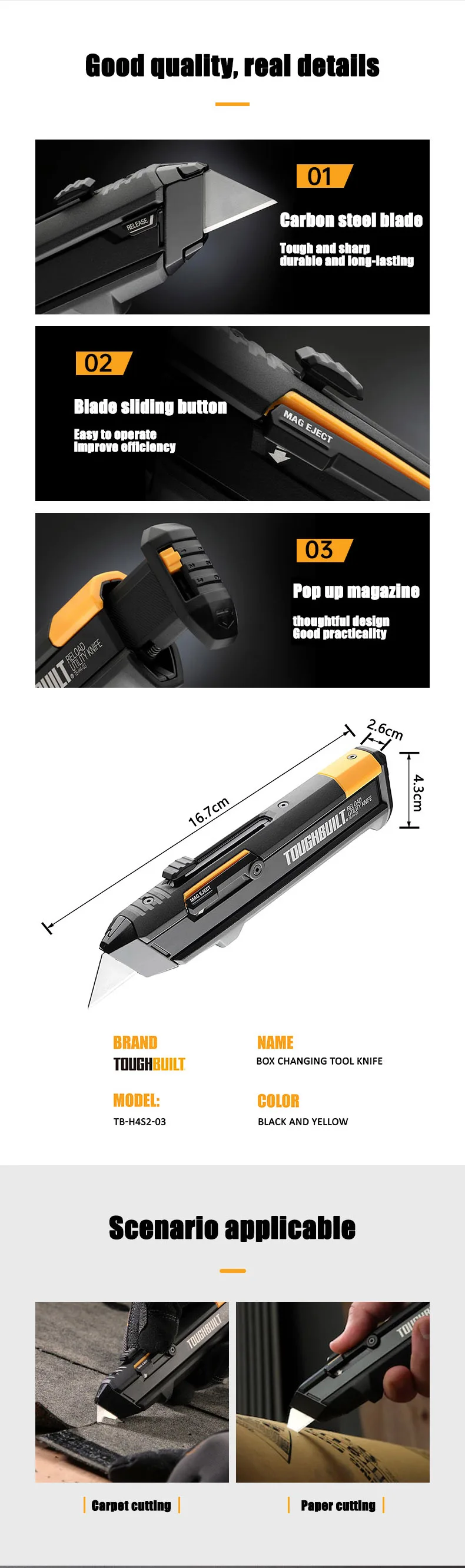 TOUGHBUILT TB-H4S2-03 Multifunktionales Kunstmesser mit Doppelklinge und Magazin, Austauschbares Manuelles Schneidwerkzeug, Mehrzweckmesser – Detail 3