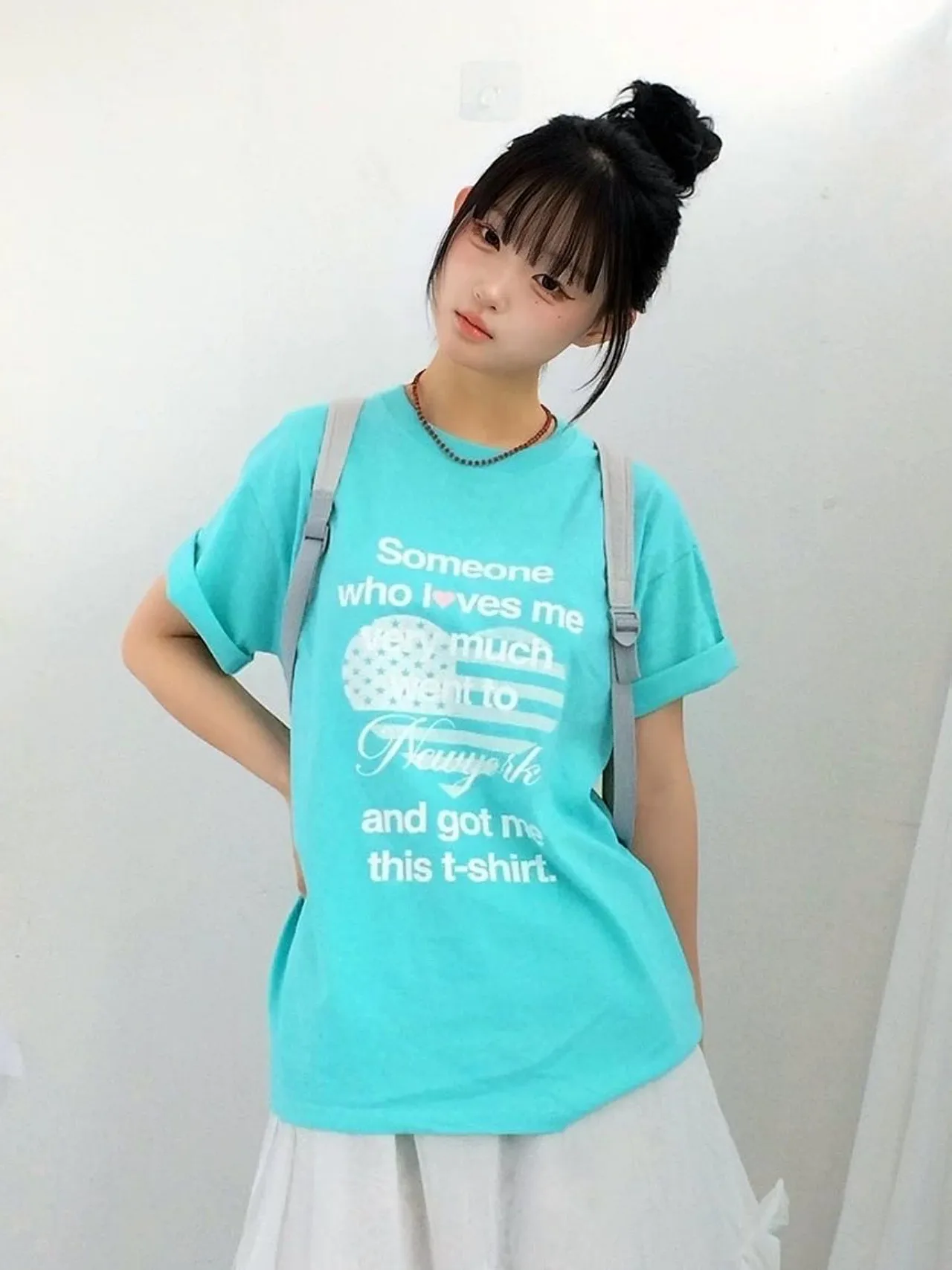 American College Style Loose Cotton Short Sleeve T-Shirt Women's Casual White Lake Blue Print Love Heart Message Top