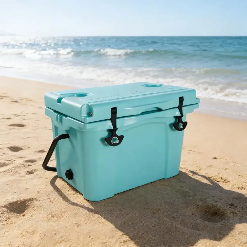 Portable Insulated Cooler with Bottle Opener, Cup Holder, and Ruler for Camping and Beach Use