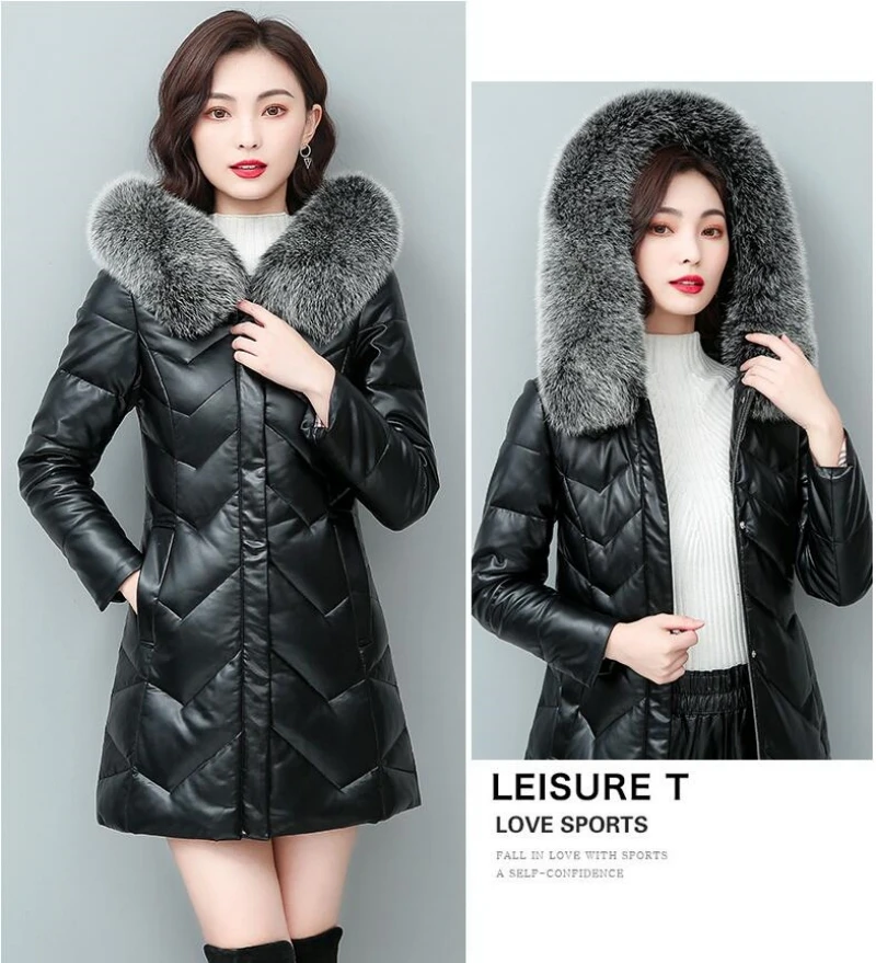 Winter Women Warm Sheepskin White Duck Down Jacket Hood Puffer Coat Fox Fur Collar Thick Luxury Outerwear real Leather Coats