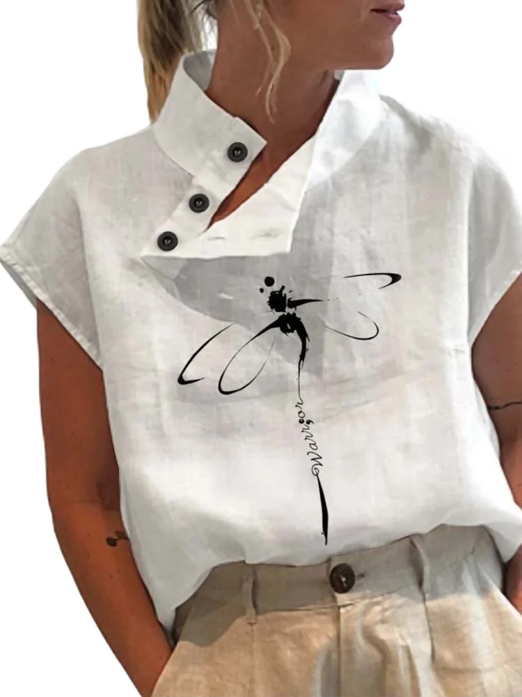 

Leisure Summer Blouse Women Tops Vintage Floral Print Short Sleeve White Blouses Casual Buttons Slit Stand Neck Top Blusas