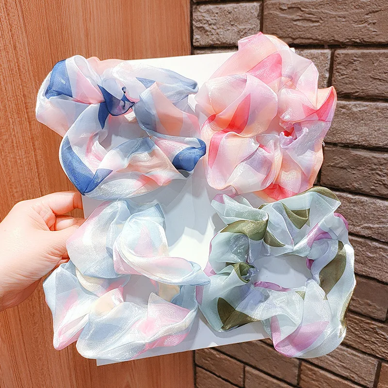 New Women Streamer Tie-dye Organza Hair Scrunchies Fashion Plaid Chiffon Hair Rope Elastic Hair Band Ponytail Hair Accessories