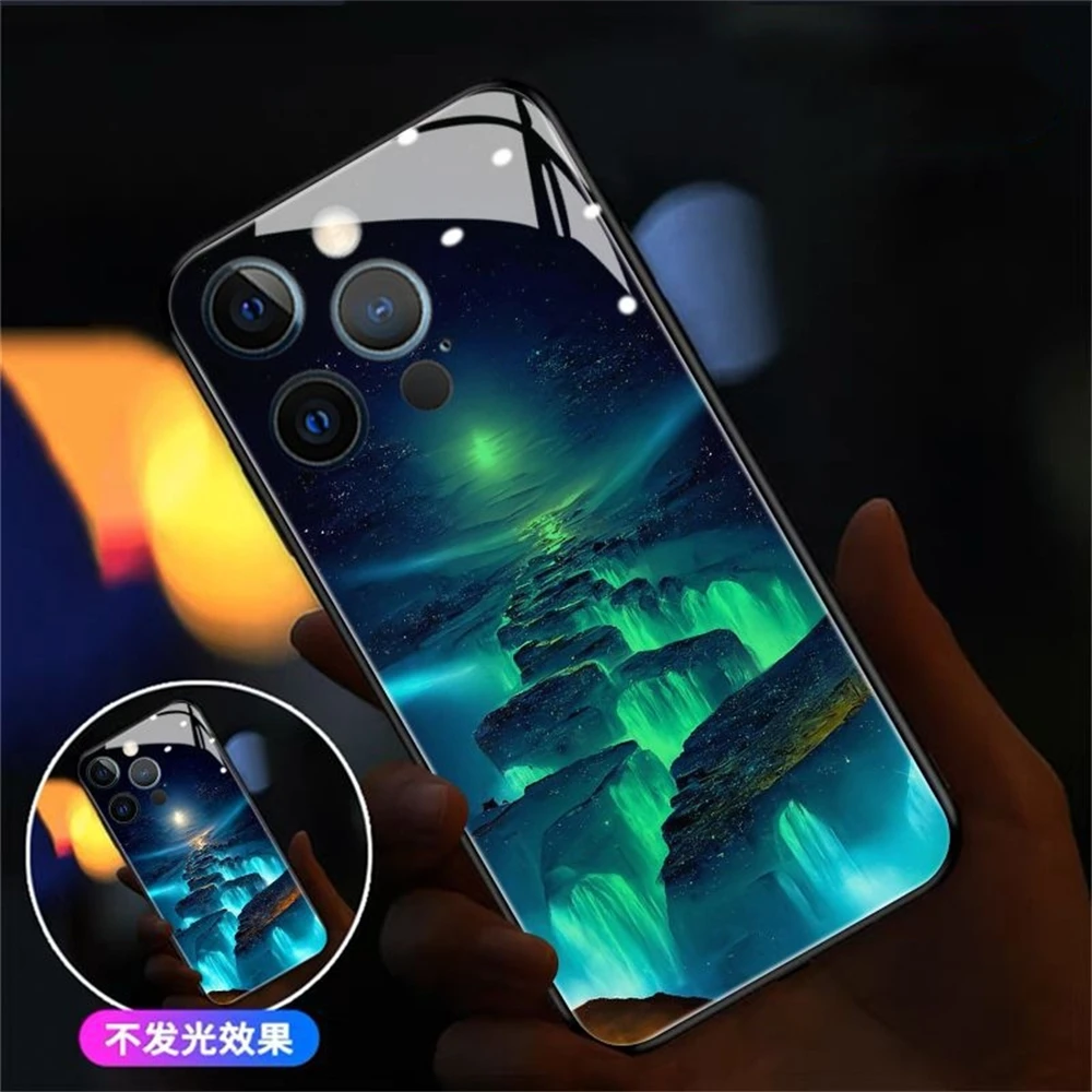 

LED Light Up Glowing Luminous Tempered Glass Phone Case For iPhone 16 E 15 14 13 12 11 Pro Max X XR XS 7 8 plus mini Smart Cover