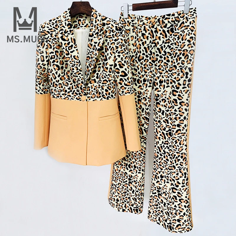 

MSMUSI 2023 New Fashion Women Sexy Leopard Print Two Piece Set Bodycon Party Long Sleeve Blazer Top Flared Long Pant Set Suit