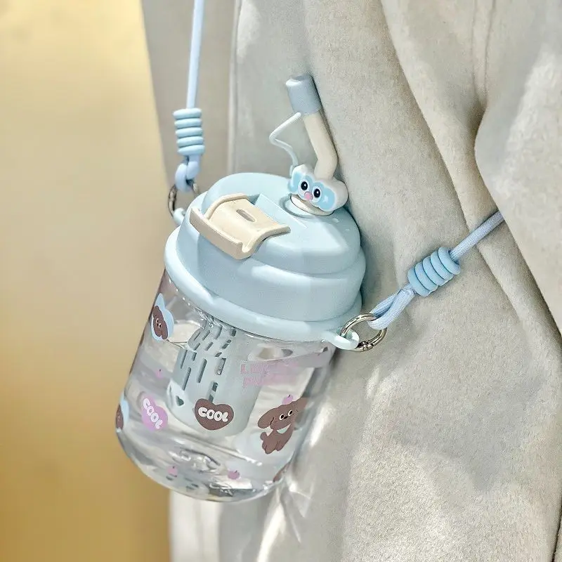 携帯用ストロー付き水筒-男女兼用-可愛い-ハンディ重力ボール-シンプルデザイン-ダブルドリンクカップ-コードと茶こし付き