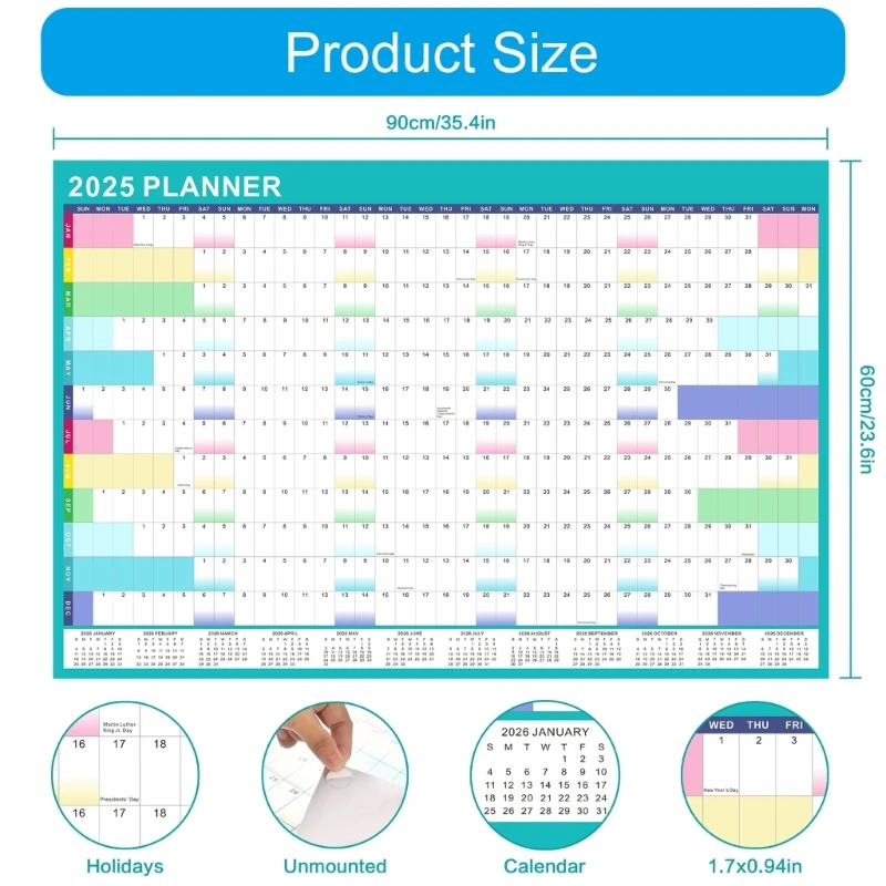 2025 Full Year to View Calendar with Erasable Marker and Adhesive Dot Stickers, 90x60cm Wall Calendar Yearly Planner