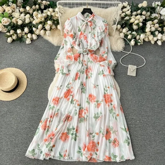 

Women Dresses Printing Bow Long Sleeve O Neck Pleated Party Dress Pullover Loose Fit Casual Vestidos 2024 Ankle Length Sashes