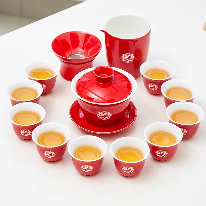 Chinese Wedding Tea Ceremony Set - Red Porcelain Tea Cups with Gift Box, Bride & Groom 'Gai Kou' Tea Set, Complete Marriage Dowr