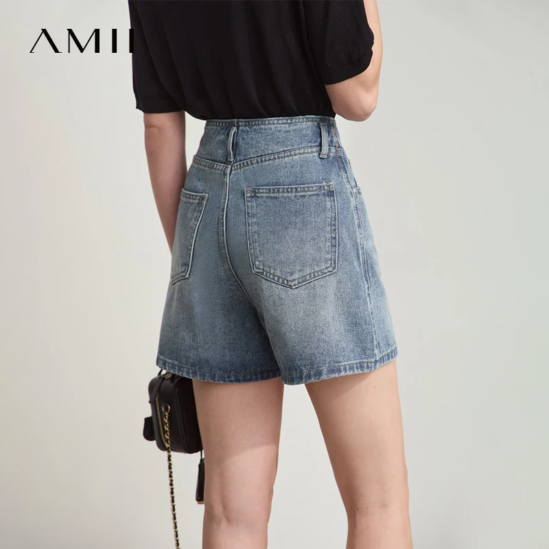 Amii กางเกงขาสั้นผู้หญิง Minimalist ฤดูร้อนใหม่อเนกประสงค์สไตล์ DENIM เข็มขัดฟรี Retro ล้างผ้าฝ้าย Casual DENIM กางเกงขาสั้น 12542225