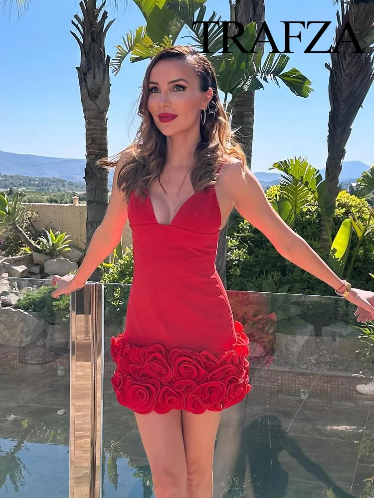 

TRAFZA Summer Women Fashion Sexy Slim V-neck Convex Flower Design Sling Dress Female Elegant Zipper Sleeveless Mini Dress Mujer