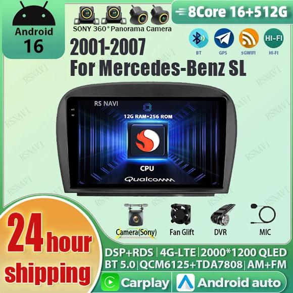 Android 16 Carplay Auto Qualcomm 2K Screen Car Radio Player For Mercedes Benz SL R230 SL350 SL500 SL55 SL600 SL65 2001-2007 GPS