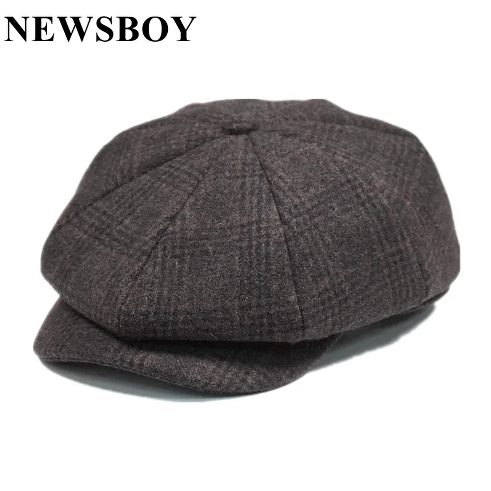 

NEWSBOY Hat for Man Coffee Plaid Wool Flat Caps Autumn Winter Solid Vintage Tweed Newsboy Cap Men Retro Hat Driver Thick Warm
