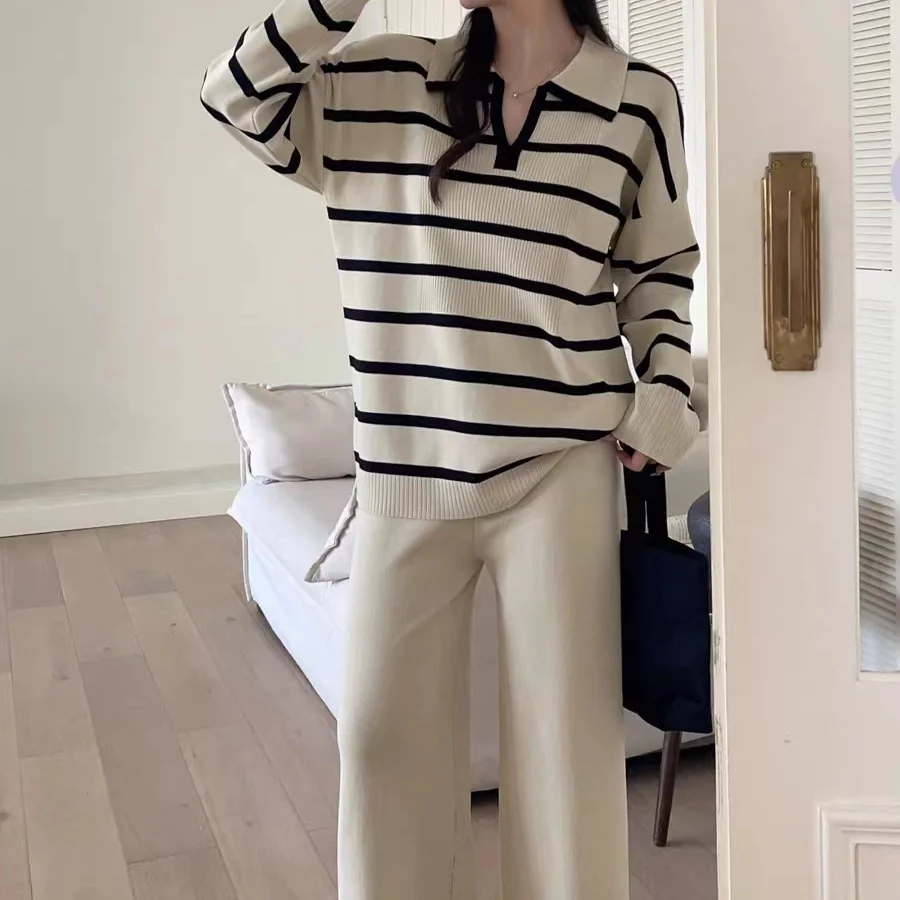 New In Elegant Womens 2 Piece Outfit Set Casual Stripe Sweater Matching Sets Korean Long Sleeve Tops Pants Knitwear Pullovers