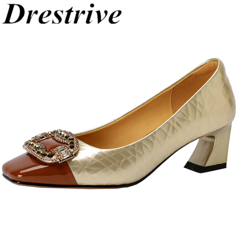 Drestrive 2025 Fashion Women's Pumps Cow Leather Square Toe Crystal Knot Thick Mid Heels Handmade Autumn Shoes Shallow
