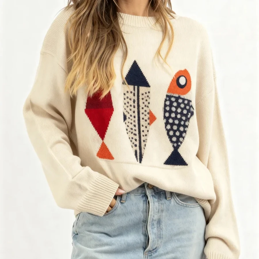 سترة نسائية فضفاضة خفيفة الوزن عصرية بطباعة سمكة تجريدية وأكمام طويلة ورقبة دائرية متماسكة #2