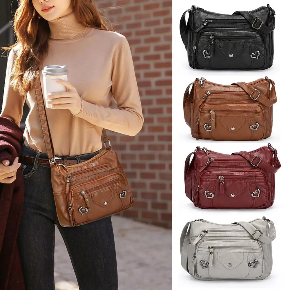 PU Leather Crossbody Bag Large Capacity Adjustable Strap Mom Messenger Bag Multi Layer Zipper Closure Fashion Handbag