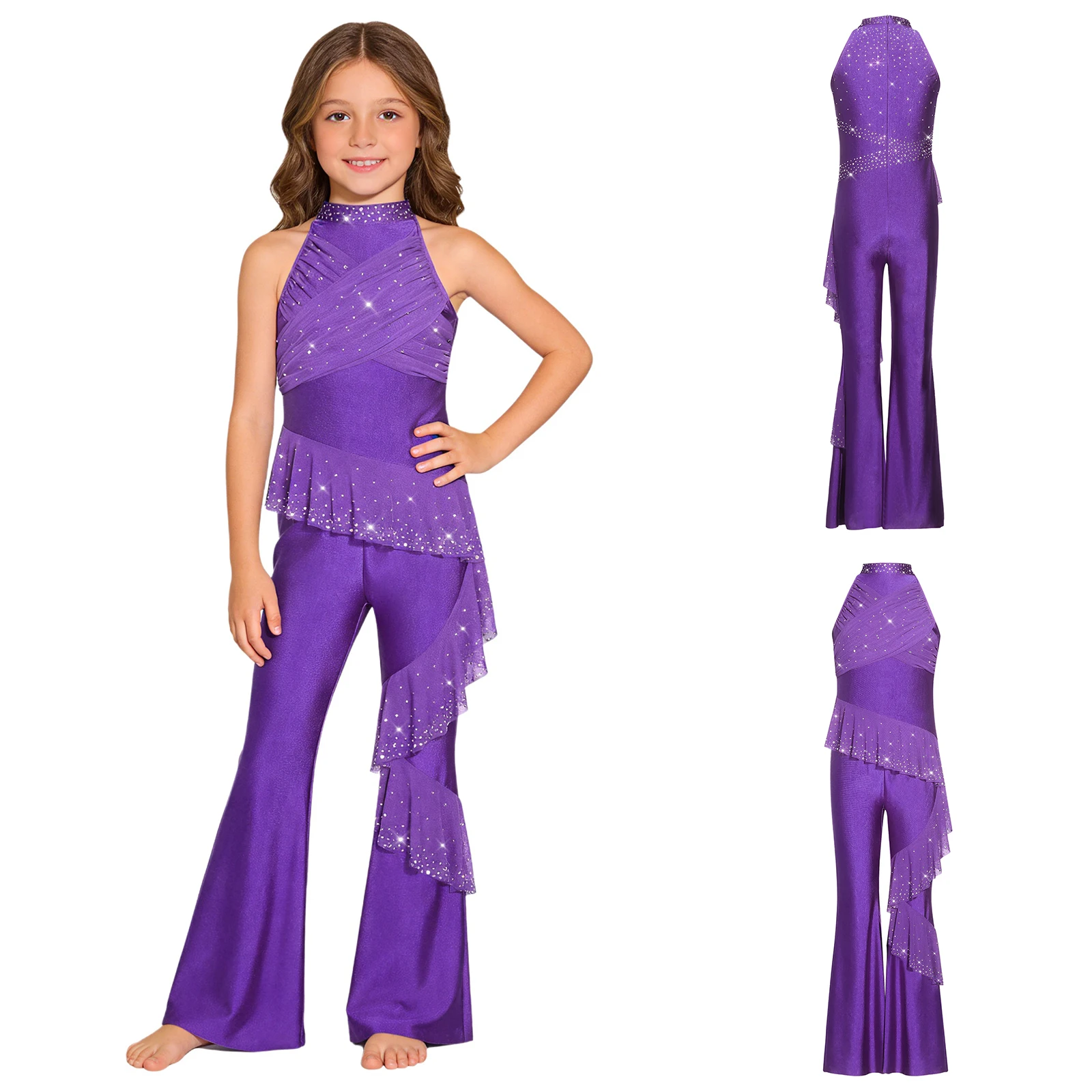 Kids Girls Jazz Latin Tango Dance Jumpsuit Shiny Rhinestones Ballroom Figure Skating Dancewear Sleeveless Mesh Ruffles Bodysuit view 2