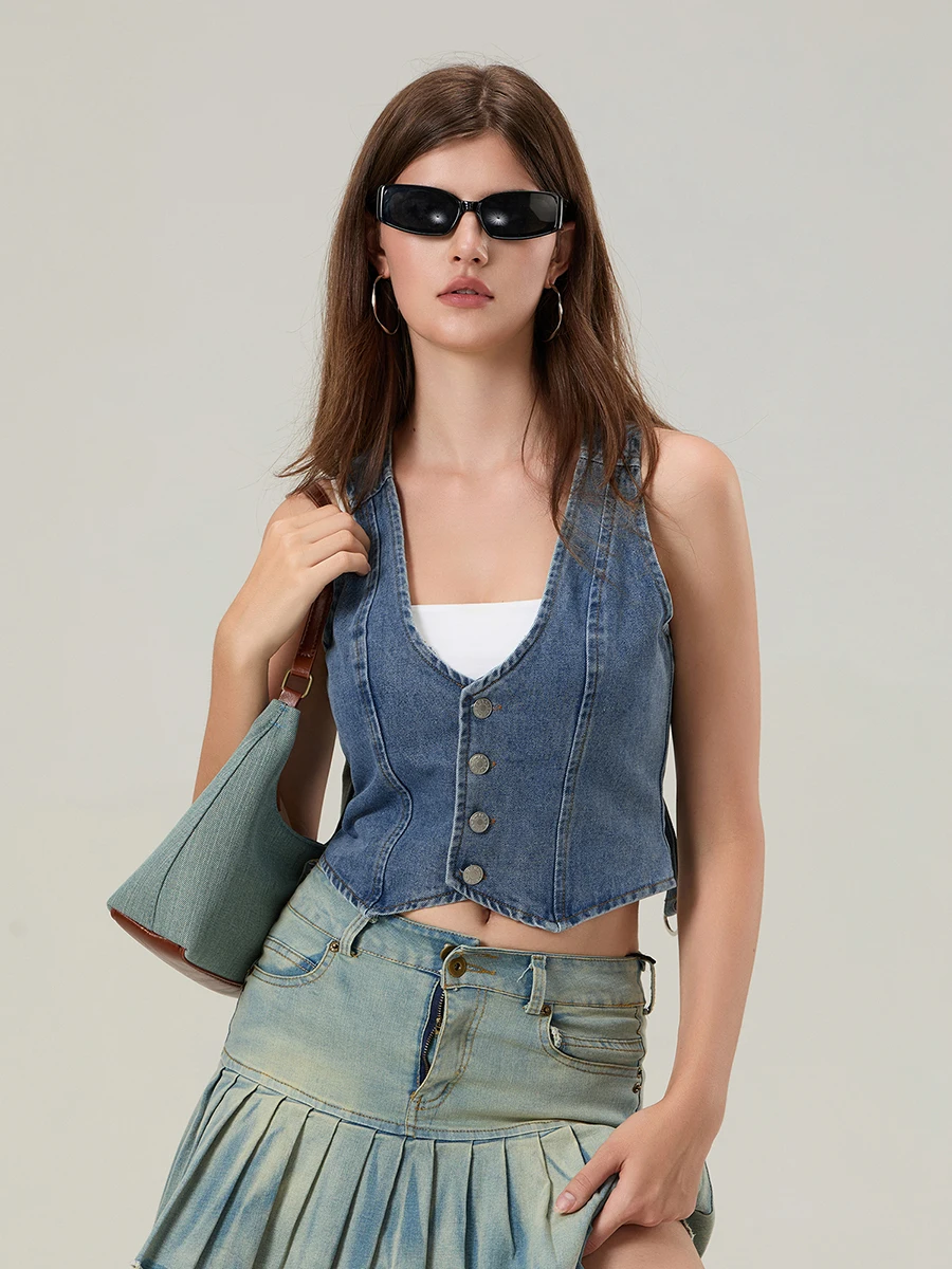 Women Denim Vest Sleeveless Button Vest Solid  Outwear Gilet for Casual Street