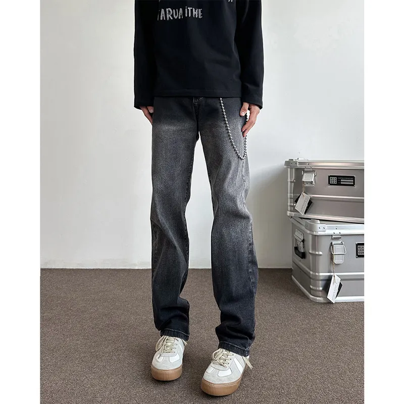 

Retro American Water Waed adient Bla Jeans Men Slim Fit Narrow Straight Leg Long Pants High Street Vibe Youth Faion