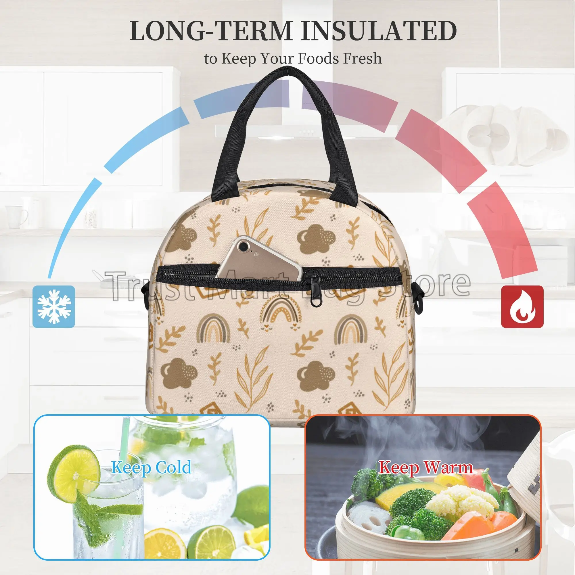 Boho Rainbow Insulated Lunch Bag Women Girls Waterproof Lunch Box Bento Tote Bags for Work Picnic with Adjustable Shoulder Strap