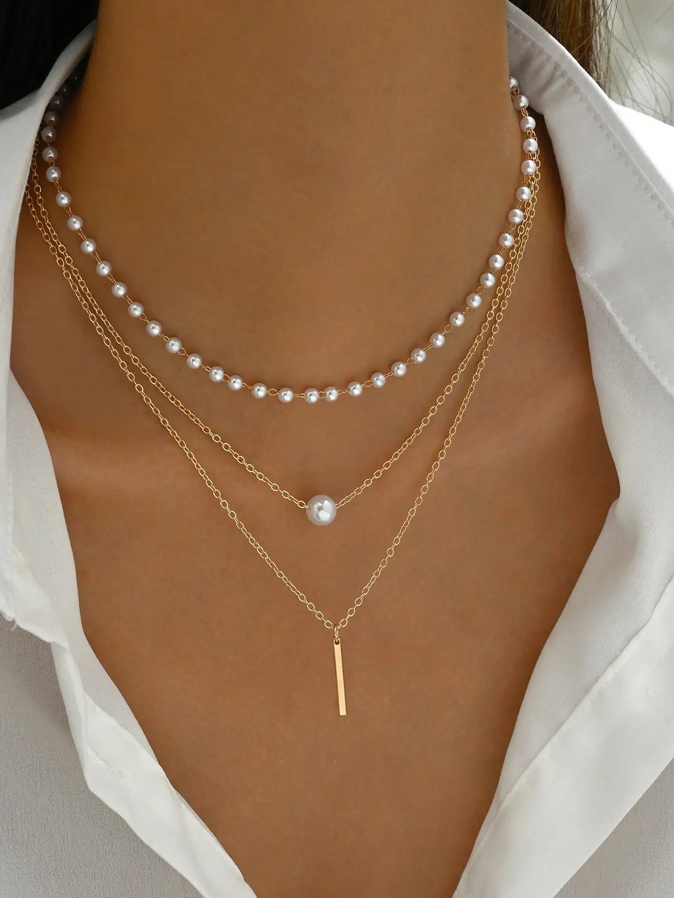 Women Layered Faux Pearl Necklace Triple Chain Bar Pendant Choker Statement Minimalist Fashion Jewelry Gift