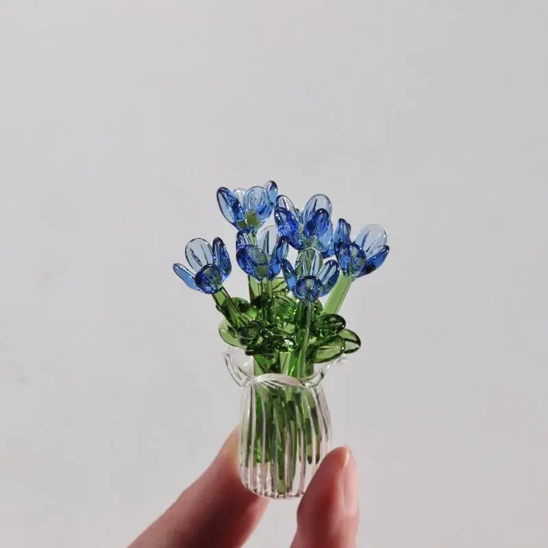 6/7Pc Mini Lifelike Glass Flower Glaze Flower Ornament Artificial Flower Bouquet Glass Eternal Flower Gift Fresh Desktop Decor