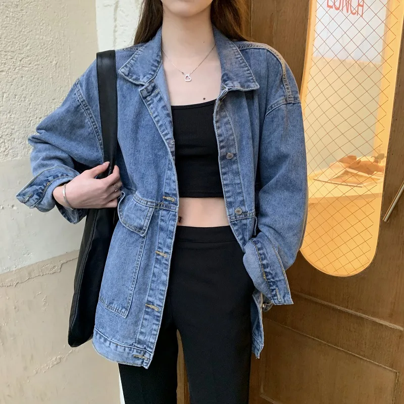 Spring Autumn Women Coat Denim Jacket Hot Sale Harajuku Big Pockets Vintage Streetwear Student Turn-down Collar Casual Loose