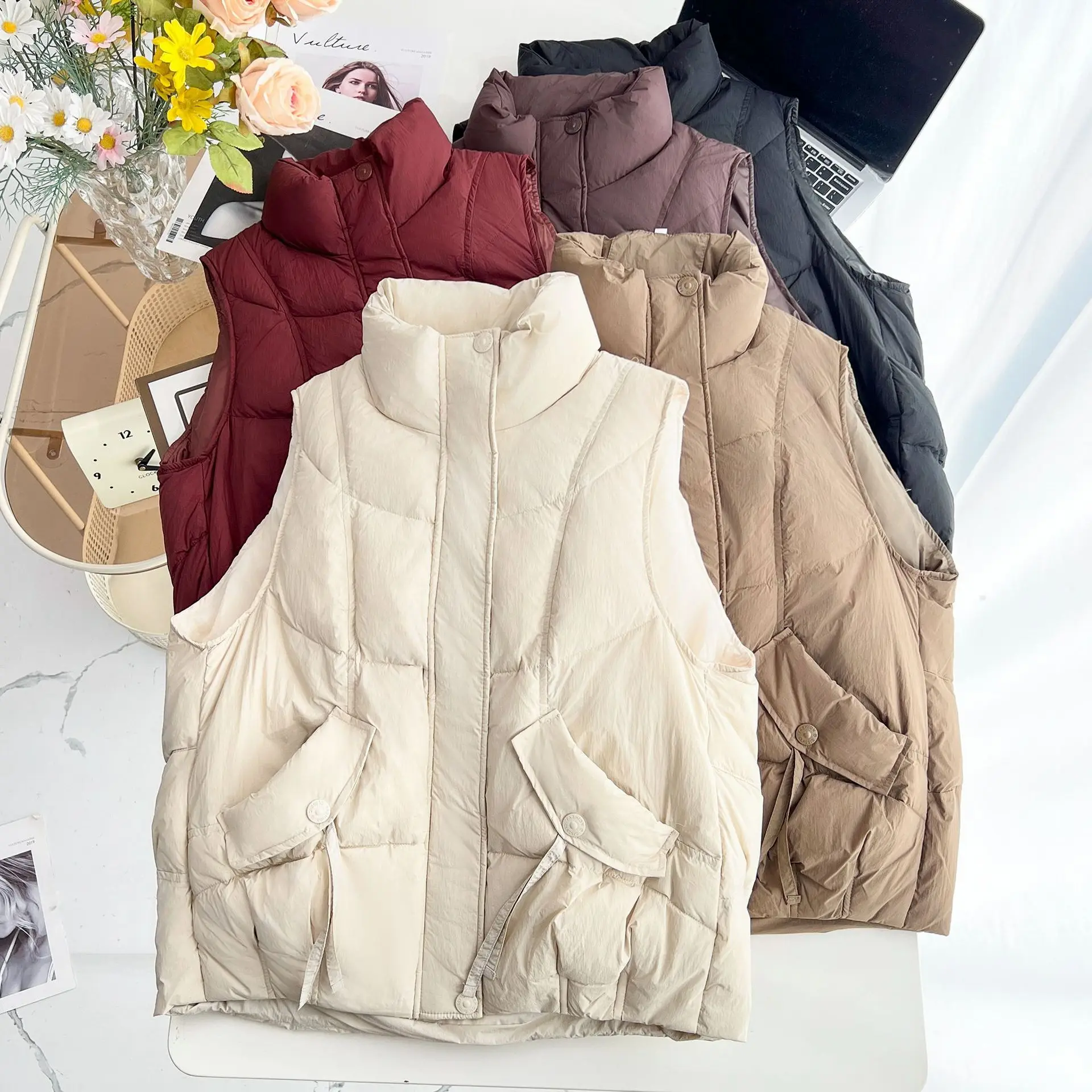 Plus Size Women Down Vest Winter New Loose Oblique Pocket Standing Collar 50% White Duck Down Ciepły płaszcz bez rękawów 1317