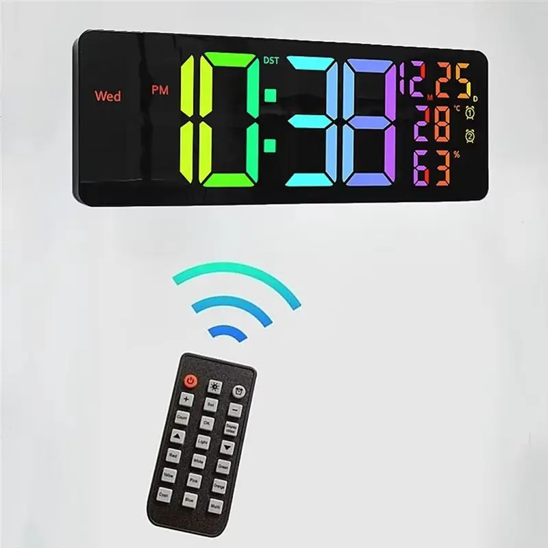 RGB Mood Light Large Digital Wall Clock, Displays Temperature And Humidity, Features Date, 2 Alarms And Countdown Timer