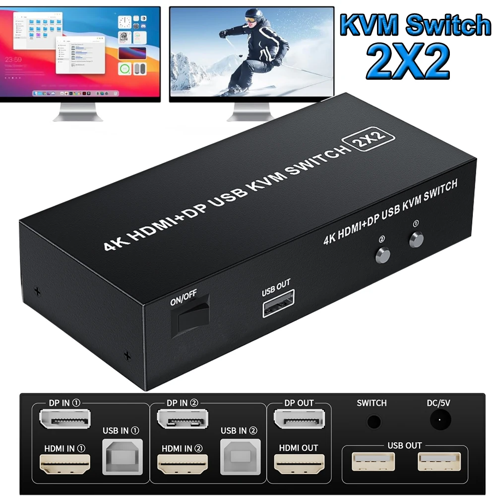 DisplayPort HDMI KVM Switch Dual Monitor 4K 60Hz 2X2 KVM Switch HDMI 2.0 USB DisplayPort for 2 monitors extended Mirror mode