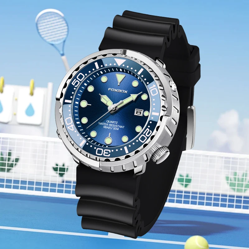 New FOXBOX Fashion Outdoor Retro Watch Casual Sport Auto Date Silicone Waterproof Luminous Rotating Bezel Quartz Watches for Man