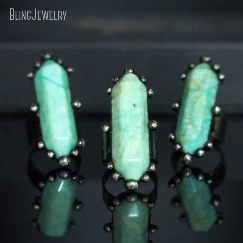 10pcs Women Stainless Steel Witchdraft Crystal Gemstone Witch Boho Goth Punk Rock Chunky Statement Ring  Amazonite Jewelry