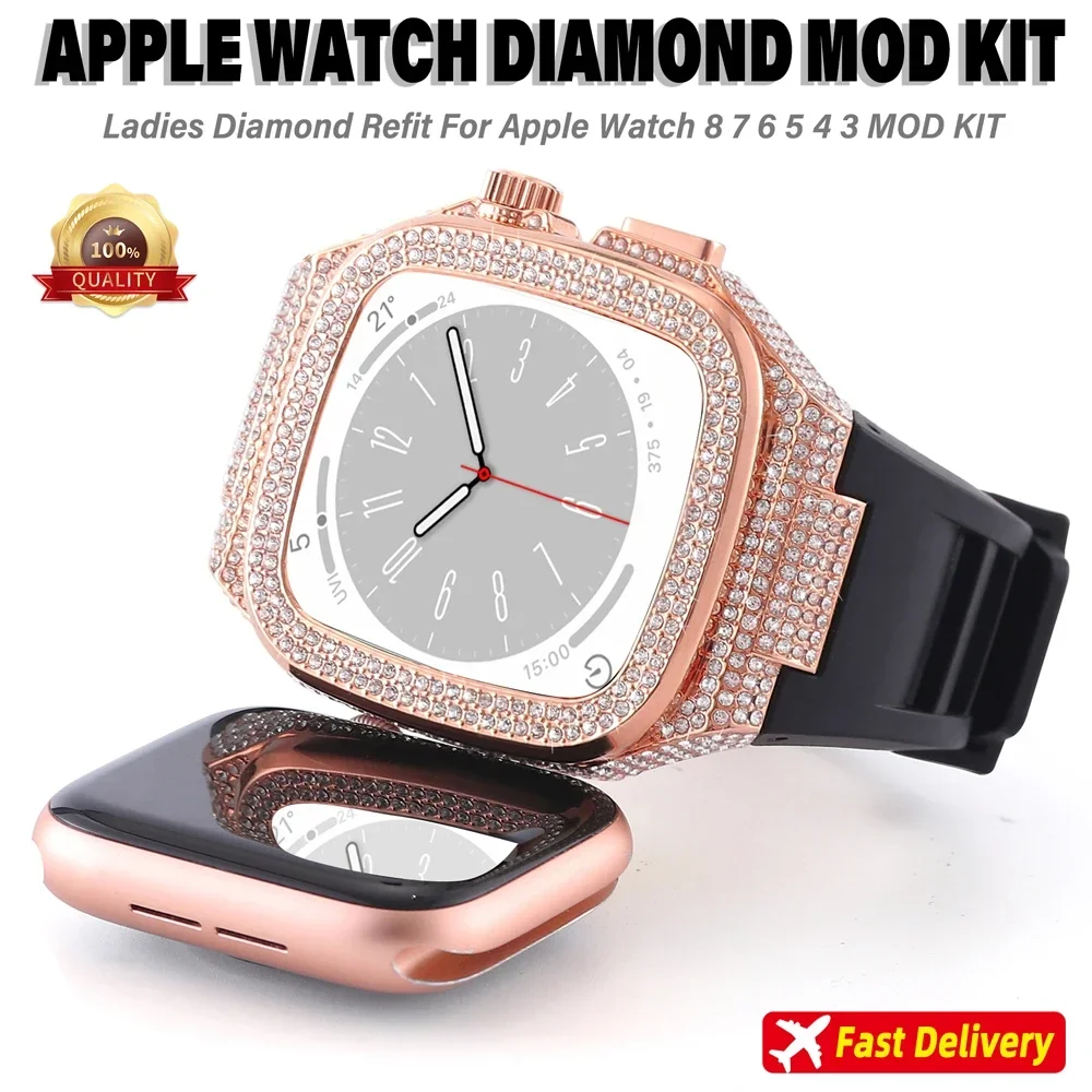 Diamond Modification Kit For Apple Watch Series 9 8 7 6 SE 5 4 Lady Metal Frame Refit MOD KIT Cover iWatch 44mm 45mm Rubber Band