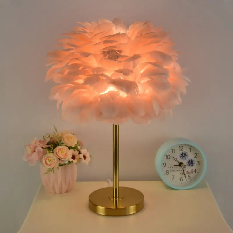feather table lamp girl bedroom bedside goose feather table lamp light luxury high-end decoration romantic warm birthday gift