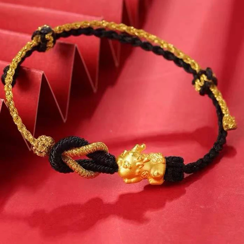 

1pcs Pure 24K Yellow Gold Bracelet For Women Men 3D Pixiu Baby Dragon Son Kniited String Bracelet