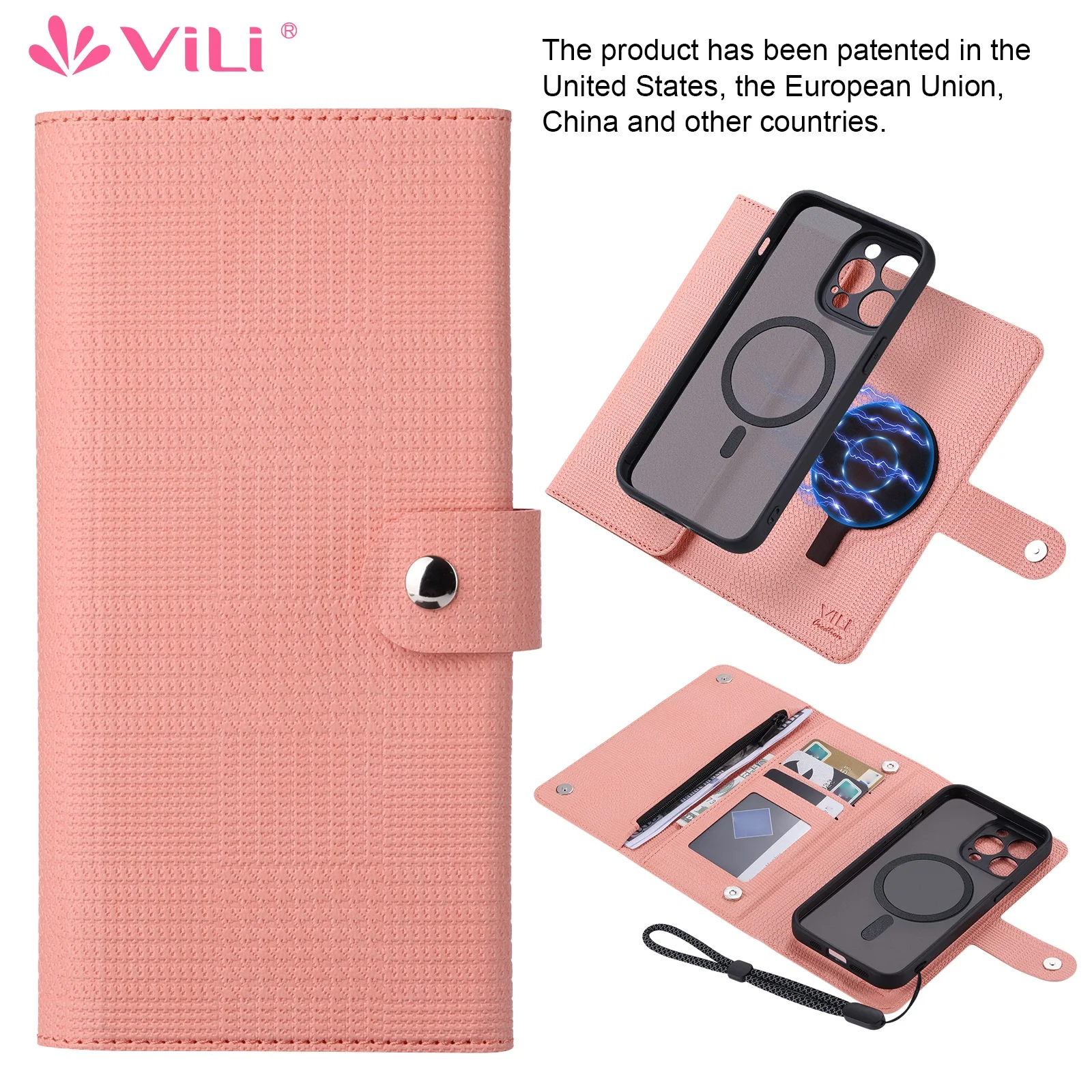 ViLi Removable wallet MagSafe case for iPhone15 Pro Max 13 14pro,Magnetic case Zipper cute wallet(RFID Blocking)cardholder