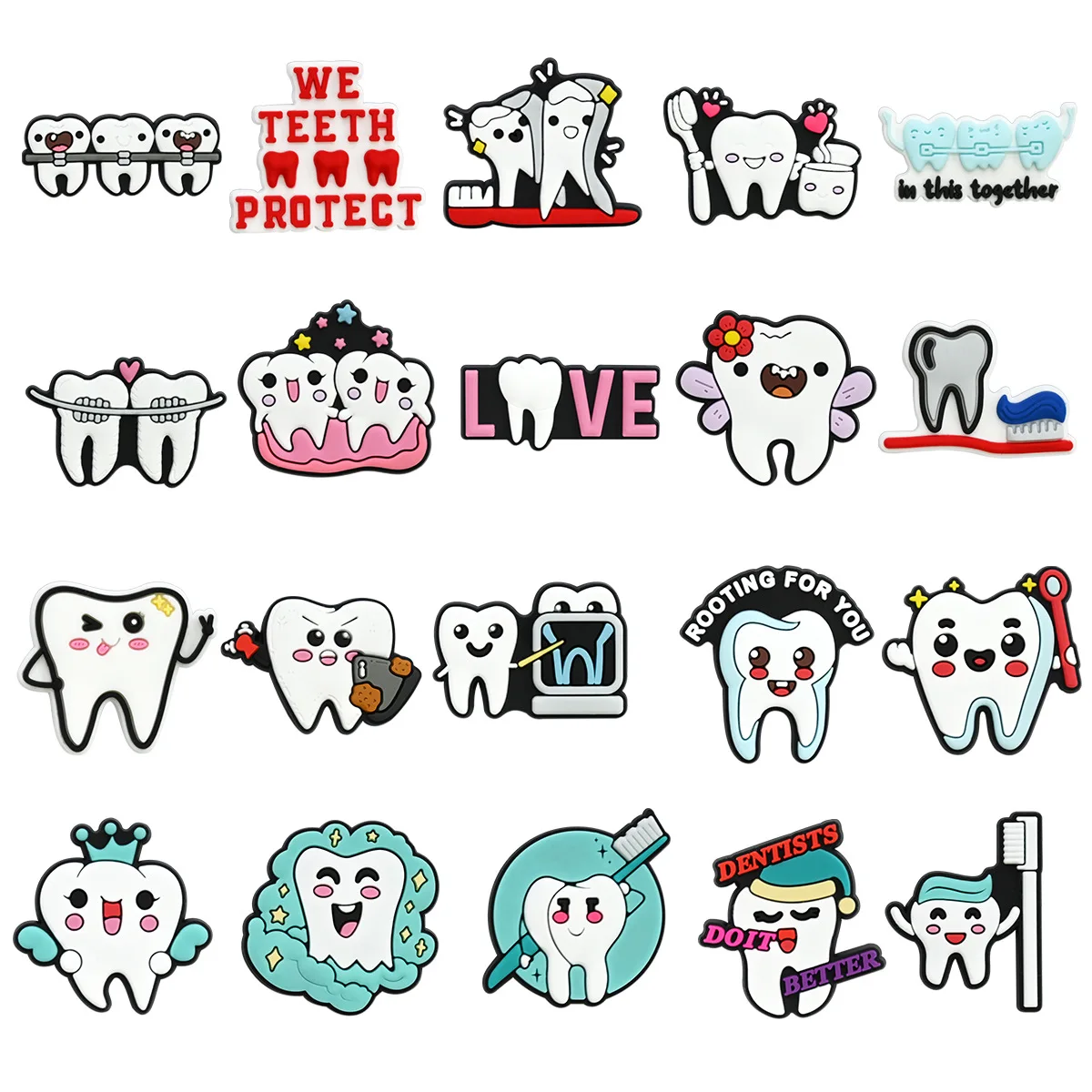 

20PCS New Arrival Cute Dentist Protecting Teeth Series DIY Accessories PVC Soft Rubber Cartoon Shoe charmas clow for clogs Gift