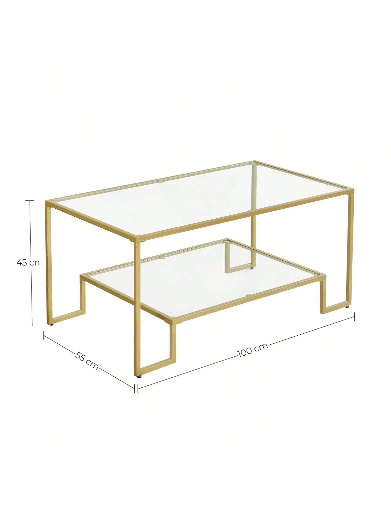 Tavolino da caffè in vetro VASAGLE con contenitore. Superficie in vetro temperato, telaio in acciaio. 100x55x45 cm. Colore dorato.