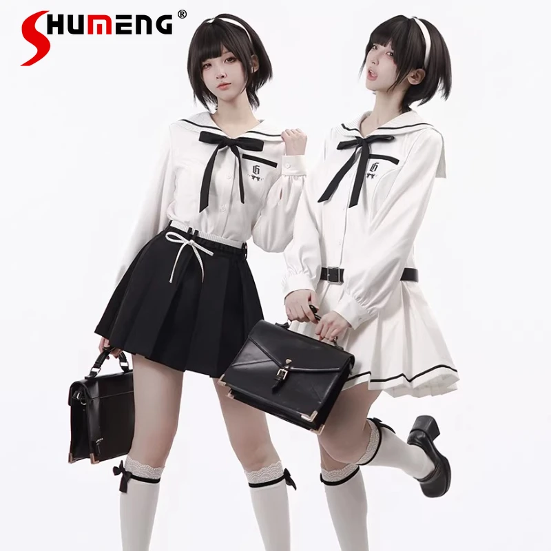 

2026 Spring New Japanese Lolita Style Dress Black And White Contrast College Style Slim Fit Long Sleeves Single-breasted Dresses