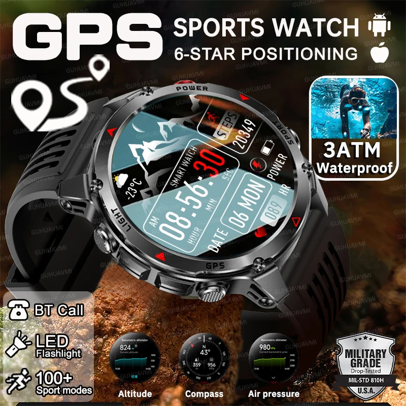 Militaire Outdoor GPS Positionering Smart Watch Heren HD AMOLED Scherm Kompas Hoogtemeter LED Zaklamp 3ATM Waterdicht HD Oproephorloge