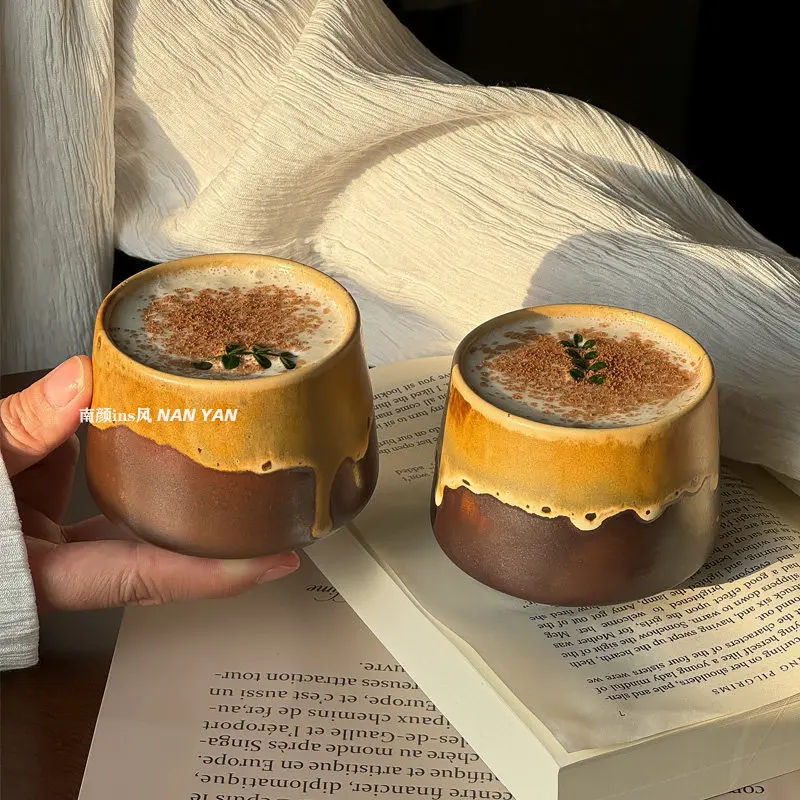 LMM retro ceramic cup set ceramic kiln change concentrated latte latte flower cup with tray