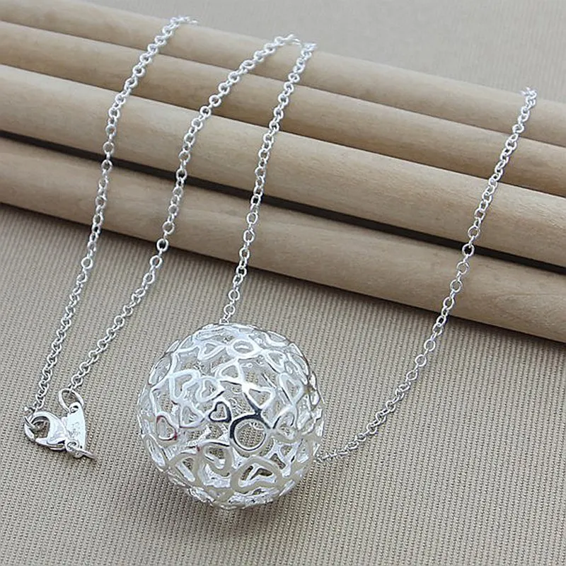 

925 Sterling Silver 18 Inch Chain Hollow Ball Love Heart Pendant Necklace For Woman Wedding Engagement Charm Jewelry