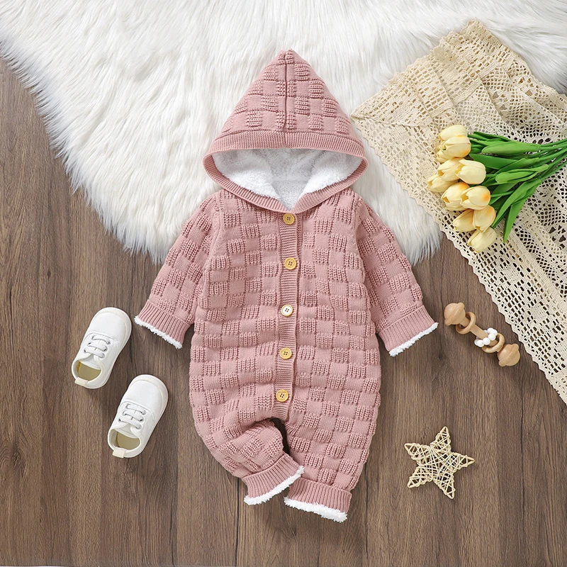 

Baby Rompers Knit Infant Children Clothes Fleece-lined 0-18M Hooded Overalls Winter Newborn Boy Girl Jumpsuit Long Sleeve Autumn