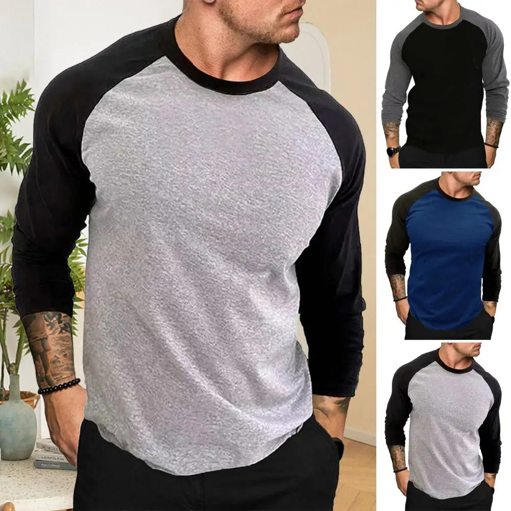 New Casual Round Neck Long Sleeves TShirt Men Spring Autumn Patchwork Gym Clothing Fitness Pullover Sports Raglan Sleeves Tshirt