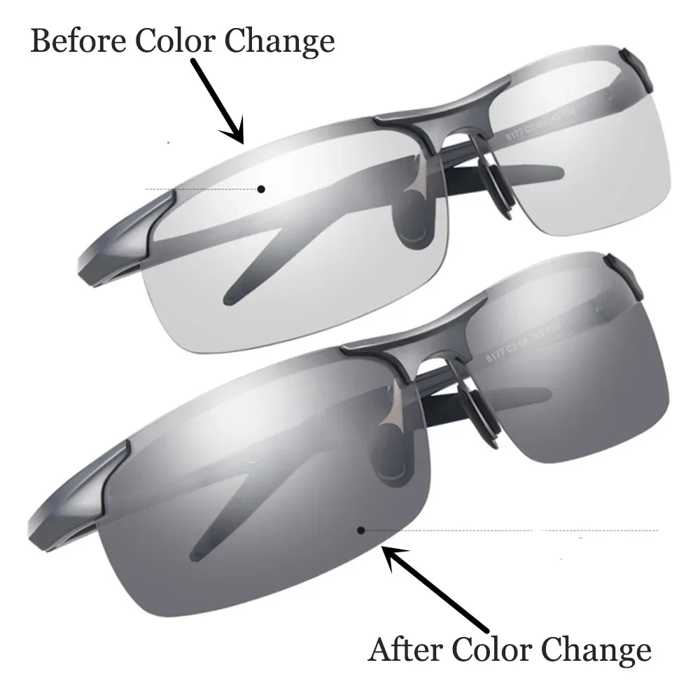 AL-mg Alloy Men Photochromic Polarized Sunglasses Rimless Frame UV Polaroid Sports Driving Outdoor Designer Sun Glasses